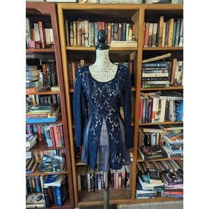 Free people blue lace chiffon and beaded mini dress scoop neck long sleeve xs